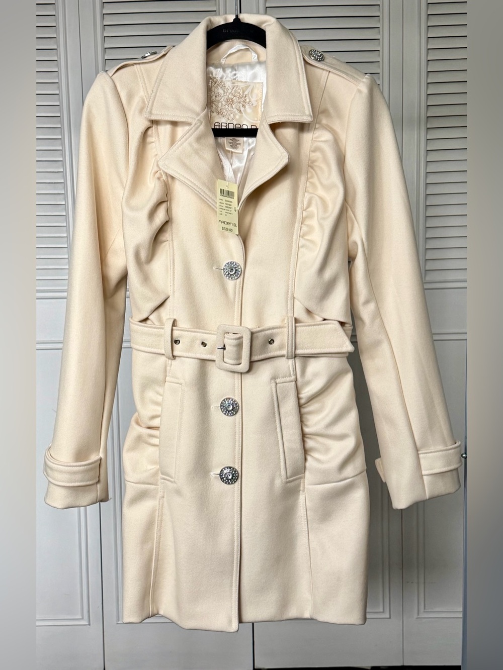 Arden B Ivory Belted Wool Trench Coat with Decorative Buttons